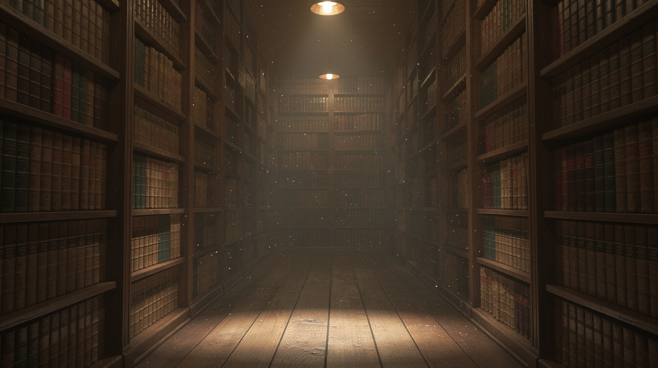Tall old library shelves filled with worn hardcover books