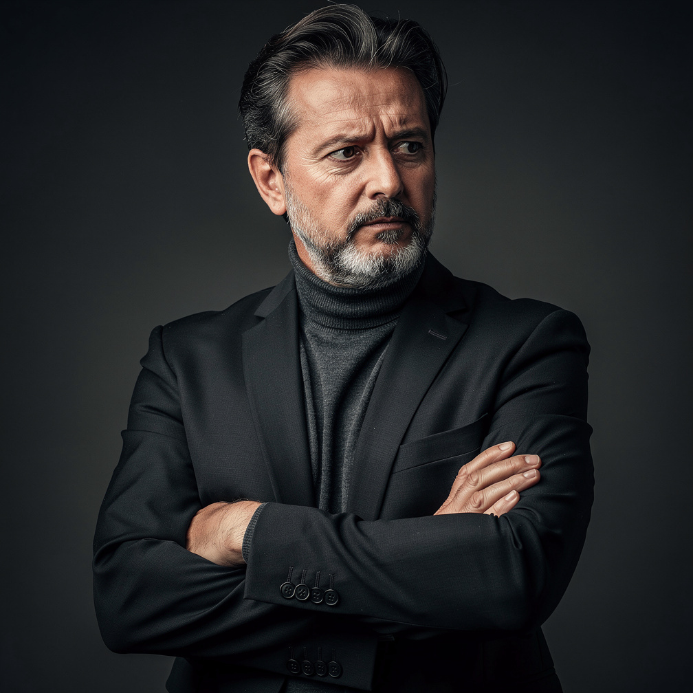 Portrait of a middle-aged Croatian male mystery writer in dark jacket