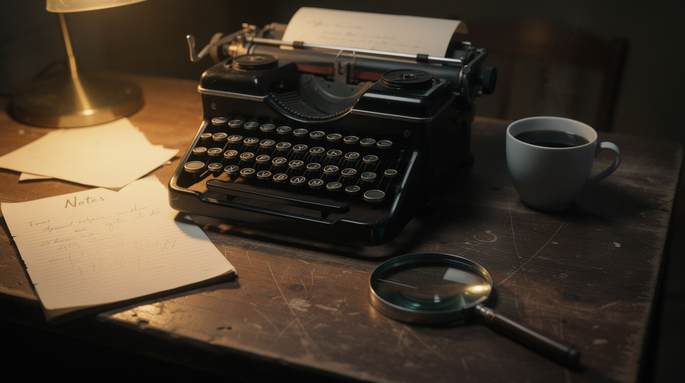Vintage typewriter on a wooden desk with handwritten notes and a cup of coffee